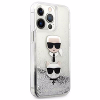 Karl Lagerfeld Šķidrs Glitter Karl&Choupette Galvas viedtālruņa apvalks iPhone 13 Pro / iPhone 13 - sudraba