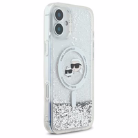 Karl Lagerfeld Liquid Glitter Karl & Choupette Head Magnētiskais iPhone 16 Plus viedtālruņa apvalks - caurspīdīgs