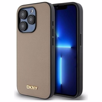 DKNY Grained Metal Logo Magnētiskais iPhone 15 Pro viedtālruņa apvalks - bēšs