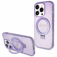 Guess Magnētiskā viedtālruņa apvalks ar gredzena statīvu Script Glitter MagSafe iPhone 14 Pro - violeta