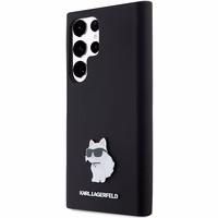 Karl Lagerfeld silikona Choupette metāla piespraude viedtālruņa apvalks Samsung Galaxy S24 Ultra - melns