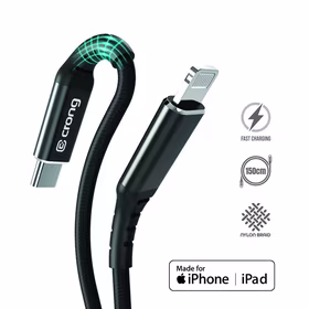 Crong Armor Link - USB-C Lightning Fast Charging MFi kabelis 150cm (melns)