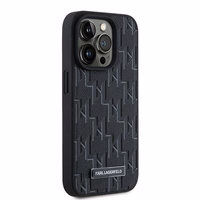 Karl Lagerfeld ādas monogrammas metāla logotips viedtālruņa apvalks iPhone 15 Pro Max - melns