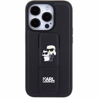 Karl Lagerfeld Gripstand Saffiano Karl&Choupette Pins viedtālruņa apvalks iPhone 15 Pro Max - melns
