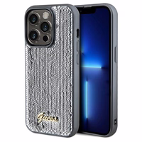 Guess Sequin Script Metal viedtālruņa apvalks iPhone 14 Pro - sudraba