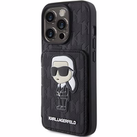 Karl Lagerfeld Saffiano karšu slotiņas un statīvs monogramma Ikonik plāksteris apvalks iPhone 15 Pro - melns
