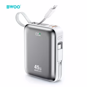 BWOO 20000mAh Fast Charging Portatīvais lādētājs PD45W With 2 Cables Type C and Lightning P78 sudraba
