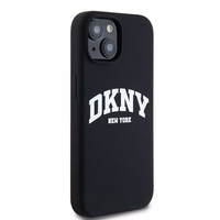 DKNY apvalks no šķidrā silikona MagSafe viedtālrunim iPhone 15 Plus / 14 Plus ar balto logotipu - melns (m)