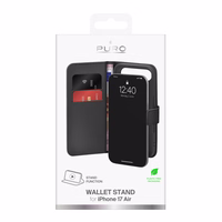 Puro viedtālruņa apvalks ar statīvu iPhone 17 Air izgatavots no eko-ādas, ar atloku, maku un statīva funkciju - melns