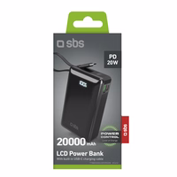 Portatīvais lādētājs SBS 20000 mAh 20W ar iebūvētu USB-C kabeli un digitālo indikatoru - melna