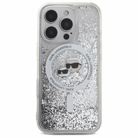 Karl Lagerfeld Liquid Glitter Karl & Choupette Head Magnētiskais viedtālruņa apvalks iPhone 16 Pro Max - caurspīdīgs