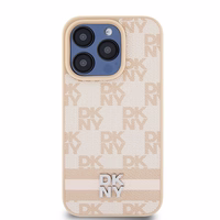 DKNY Ādas rūtainais mono raksts un drukātās svītras viedtālruņa apvalks iPhone 15 Pro Max - rozā