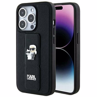 Karl Lagerfeld Gripstand Saffiano Karl&Choupette Pins viedtālruņa apvalks iPhone 14 Pro - melns