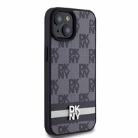DKNY Ādas rūtainais mono raksts un drukātās svītras viedtālruņa apvalks iPhone 15 Plus / 14 Plus - melns