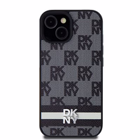 DKNY Ādas rūtainais mono raksts un drukātās svītras viedtālruņa apvalks iPhone 15 Plus / 14 Plus - melns