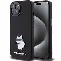 Karl Lagerfeld silikona Choupette Metal Pin viedtālruņa apvalks iPhone 15 Plus / 14 Plus - melns