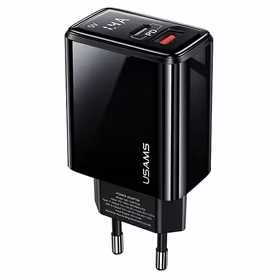 USAMS Tīkla lādētājs 1xUSB-C+1xUSB T40 20W LED (tikai galviņa) PD3.0 +QC3.0 Fast Charging melns CC133TC01 (US-CC133)