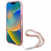 Guess IML Flowers With Pearl Strap MagSafe viedtālruņa apvalks iPhone 16 Pro Max - rozā