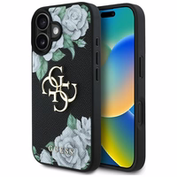 Guess Grained Roses Big 4G logo viedtālruņa apvalks iPhone 16 - melns