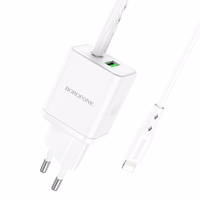 Borofone Sienas lādētājs BN7 - USB + Type C - QC 3.0 PD 20W ar Type C uz Lightning kabeli balts
