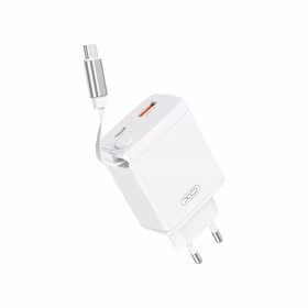 XO wall lādētājs CE31 1x USB 1x USB-C 30W balts with retractable USB-C kabelis