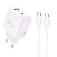 Borofone sienas lādētājs BN30 Cargador GaN - USB + Type C - QC 3.0 PD 45W ar Type C uz Type C kabeli balts