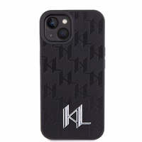 Karl Lagerfeld KLHCP15SPKLPKLK iPhone 15 / 14 / 13 6.1" melns/melns cietais apvalks Ādas monogramma karstais štancējums metāla logotips