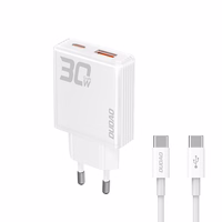 GaN Dudao A30EUT 30W USB-A / USB-C sienas lādētājs + USB-C - USB-C kabelis - balts