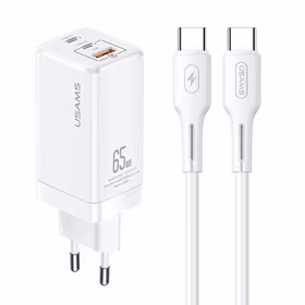 USAMS Tīkla lādētājs MT 2XUSB-C+USB GAN 65W T33 PD + Kabelis USB-C-USB-C 100W FAST CHARGING balts MTXLOGTC02