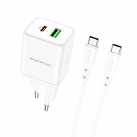 Borofone Sienas lādētājs BN7 - USB + Type C - QC 3.0 PD 20W ar Type C uz Type C kabeli balts