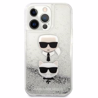 Karl Lagerfeld Šķidrs Glitter Karl&Choupette Galvas viedtālruņa apvalks iPhone 13 Pro Max - sudraba