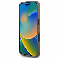 Guess Grained Hot Stamp Peony trīsstūra logotipa magnētiskais viedtālruņa apvalks iPhone 16 - brūns