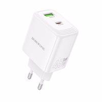 Borofone sienas lādētājs BN30 Cargador GaN - USB + Type C - QC 3.0 PD 45W balts