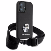 Karl Lagerfeld Saffiano Karl&Choupette Metal Pin CBDY siksna iPhone 16 viedtālruņa apvalks – melns