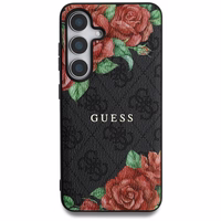 Guess ādas 4G ziedu raksta metāla klasiskais logotips magnētiskais viedtālruņa apvalks Samsung Galaxy S25 - melns