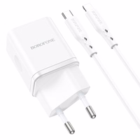 Borofone Sienas lādētājs BN7 - USB + Type C - QC 3.0 PD 20W ar Type C uz Lightning kabeli balts