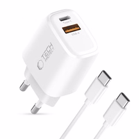 Tech-Protect NCA20 PD 20W QC3.0 USB-A / USB-C sienas lādētājs + USB-C / USB-C kabelis 100cm - balts