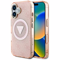 Guess IML Metal Glitter 4G Circle Triangle magnētiskais viedtālruņa apvalks iPhone 16 - rozā