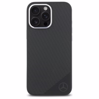 Mercedes MEHMP16L23SUGDK iPhone 16 Pro 6.3" melns cietais silikona viedtālruņa apvalks ar tonālo logotipu un koka rakstu Magnētiskais (MagSafe)