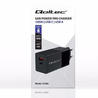 Qoltec 52382 GaN POWER PRO charger | 1xUSB type C | 1xUSB A | 100W | 5-20V | 1.5-5A | PD | melns