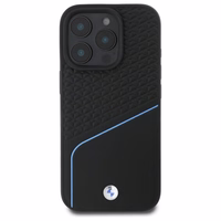 BMW Sign ādas tekstūras un līnijas magnētiskais viedtālruņa apvalks iPhone 16 Pro Max - melns