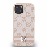 DKNY Ādas rūtainais mono raksts un drukātās svītras viedtālruņa apvalks iPhone 15 Plus / 14 Plus - rozā