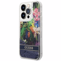 Guess Flower Liquid Glitter viedtālruņa apvalks iPhone 14 Pro Max - zils