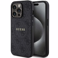 Guess 4G kolekcija ādas metāla logotips Magnētiskais apvalks iPhone 14 Pro Max - melns