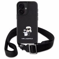 Karl Lagerfeld Saffiano Karl&Choupette Metal Pin CBDY siksna iPhone 16 viedtālruņa apvalks – melns