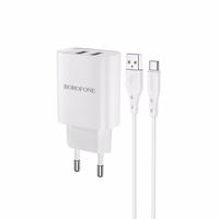 Borofone Sienas lādētājs BN2 Super - 2xUSB - 2,1A ar USB uz Type C balts