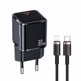 USAMS Tīkla lādētājs 1xUSB-C T45 30W PD3.0 Fast Charging +kabelis U63 USB-C/Lightning melns UXTZH01 (USAMS-UX)