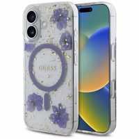 Guess Resin Flowers Glitter MagSafe iPhone 16 viedtālruņa apvalks (m) - violets