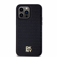 DKNY Ādas raksts metāla logotips MagSafe apvalks viedtālrunim iPhone 13 Pro Max - melns