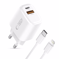 Tech-Protect NCA20 PD 20W QC3.0 USB-A / USB-C sienas lādētājs + USB-C / Lightning kabelis 100cm - balts